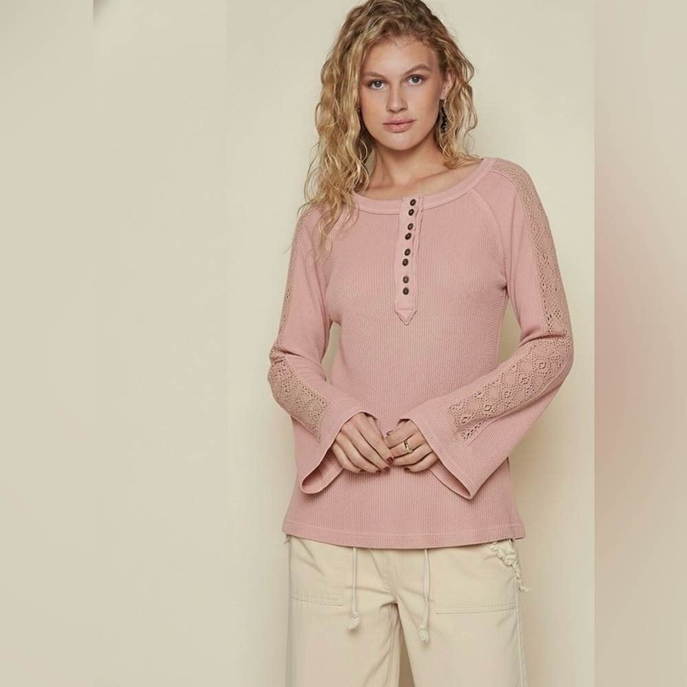 POL Pink Lace-Sleeve Henley Knit Top